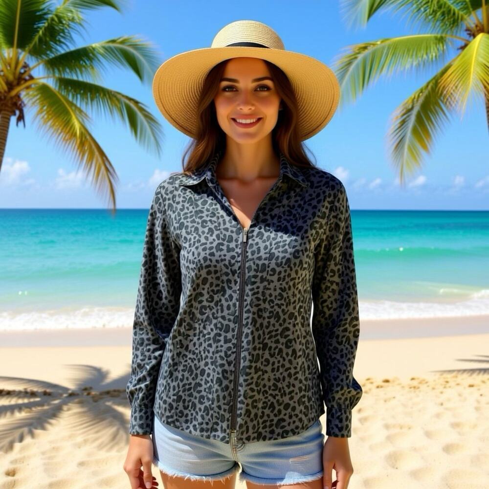 Vintage Lemon Grass Animal Print Collared Zip Up Shirt Women L